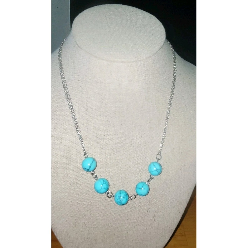 Turquoise Five Bead Bar Necklace Silver Tone Chain 30in 17g Boho